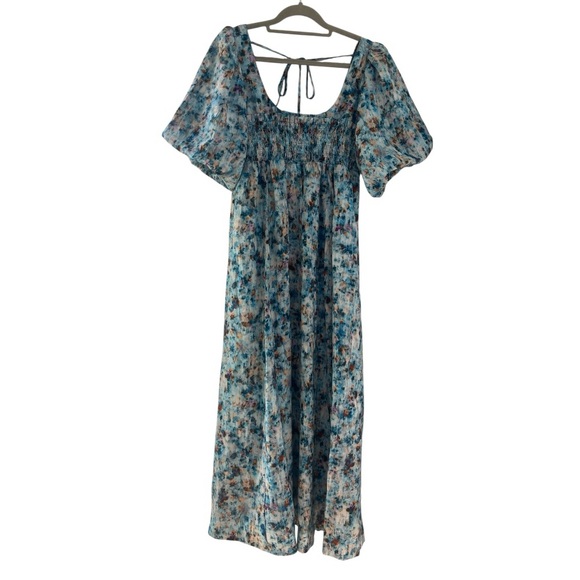By Anthropologie Floral Dress Milkmaid Watercolor Blue Midi Size XXS - Picture 4 of 12